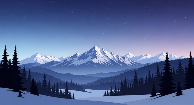 Stylized mountain landscape with snow and coniferous trees under starry sky, representing serenity, nature, and peaceful scenery, for holiday or outdoor concepts - Powered by Adobe