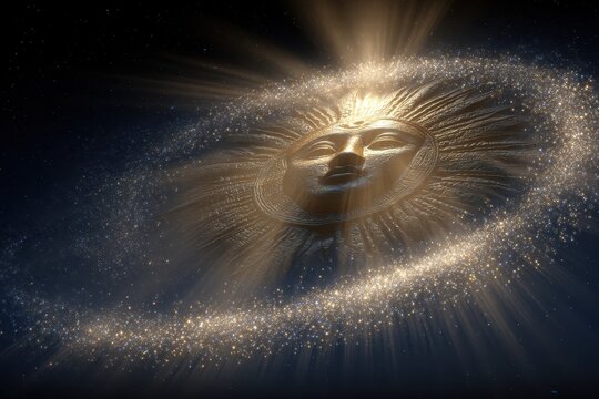 A mystical sun and moon face, adorned with a trident, set against a starry night sky, illuminated by soft golden light, evoking a serene spiritual mood