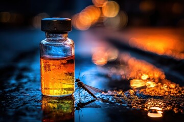 An artistic composition of a vaccine vial and a mosquito on a reflective surface, illuminated by dramatic lighting, evoking a sense of urgency and awareness about malaria
