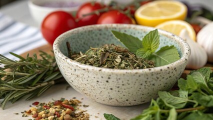 Close-up of Dried Herbes de Provence with Fresh Mint, Tomatoes, Lemon, and Garlic