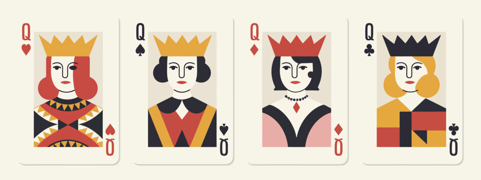 queens of hearts, diamonds, clubs, spades, vector flat cartoon illustrations