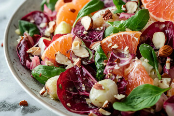Fresh Greek salad with feta cheese, olives, cucumbers, tomatoes, and onions in a bowl, healthy summer food concept