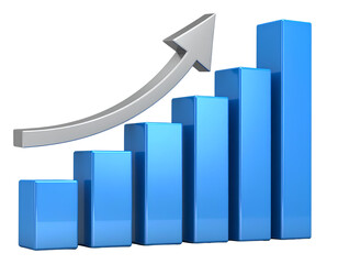 A Clean 3D Blue Bar Chart with Rising Silver Arrow, Smooth Gradients, Isolated on Transparent Background