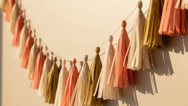 Earthy tone tassel garland in peach, cream, and olive for elegant decorations
