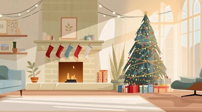 Cozy Christmas Living Room Interior with Fireplace and Decorated Tree