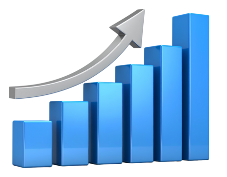 A Clean 3D Blue Bar Chart with Rising Silver Arrow, Smooth Gradients, Isolated on Transparent Background