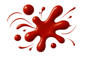 Red glossy liquid splash creating an abstract stain and drops with flowing lines, transparent background