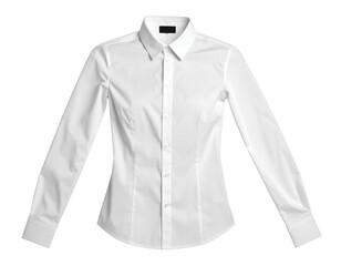 A professional women’s office-style white dress shirt laid flat with visible buttons and tailored seams, clean modern presentation, isolated on a transparent background PNG