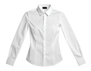 A professional women’s office-style white dress shirt laid flat with visible buttons and tailored seams, clean modern presentation, isolated on a transparent background PNG