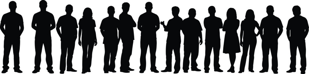 Silhouette group of diverse standing people in various casual poses, teamwork and community concept, isolated black figures on white background for design