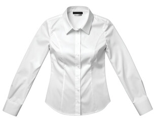 A professional women’s office-style white dress shirt laid flat with visible buttons and tailored seams, clean modern presentation, isolated on a transparent background PNG