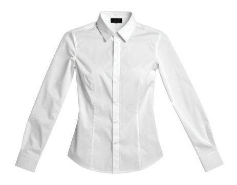 A professional women’s office-style white dress shirt laid flat with visible buttons and tailored seams, clean modern presentation, isolated on a transparent background PNG