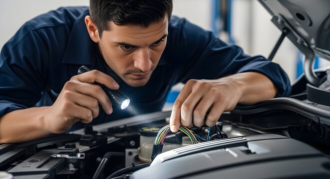 Mechanic inspecting car engine with flashlight wearing blue shirt in auto repair shop looking at wires