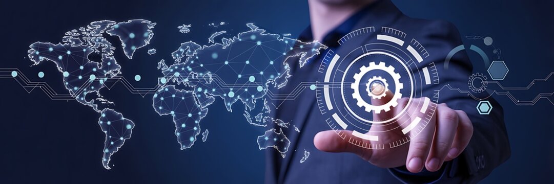 Global connectivity shown with digital interface and business person touching screen - Powered by Adobe