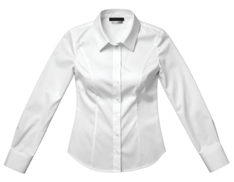 A professional women’s office-style white dress shirt laid flat with visible buttons and tailored seams, clean modern presentation, isolated on a transparent background PNG