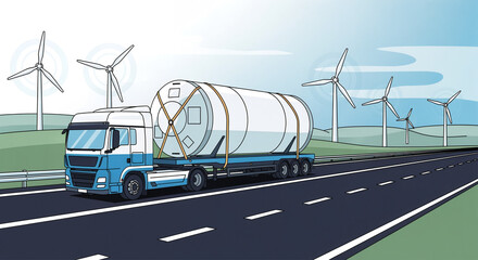 Truck Transporting Large Tank on Highway with Wind Turbines: Green Energy Logistics