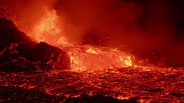 Panoramic Molten River Volcanic Eruption: Molten River Cascading Down Rocky Terrain at Night Wide, slightly elevated drone shot showcasing the entire cascading river of lava and the illuminated?