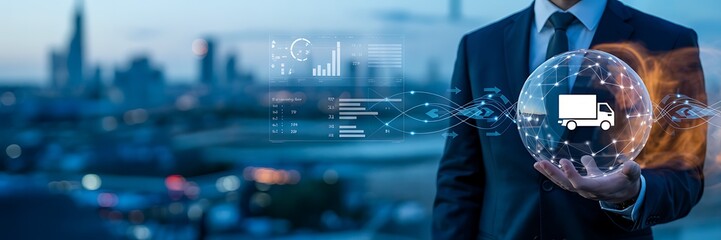 Global logistics concept with businessman holding digital truck and data charts