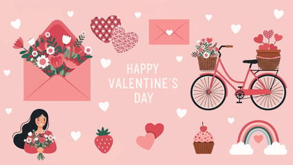 A charming collection of Valentine's Day themed illustrations featuring hearts, flowers, a bicycle, and a woman, all on a soft pink background.