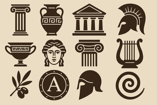 Ancient Greek Symbols &ndash; Columns, Temples, Helmets, Vases, Laurel & Mythology Vector Set