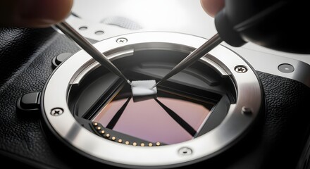 Camera sensor cleaning with precision tools showing meticulous maintenance and care for equipment