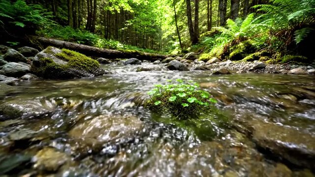 Forest Stream Panorama Wide, establishing shot of a pristine, untouched stream winding through a lush, vibrant green temperate forest. Sunlight filters through the dense canopy, dappling the water?