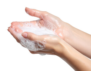 Close-up view of hands focusing on fingertip scrubbing, dense soap lather surrounding nails and knuckles, detailed bubbles and moisture reflections, cutout on transparent PNG.
