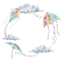 Kite watercolor wreath forming a circular Frame with clouds and tails. Illustration of circular Template with flying Toys for baby shower greeting cards and childish birthday invitations. Art for kids