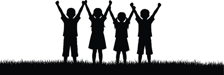 Silhouette of happy children holding hands together outdoors, celebrating unity, friendship, teamwork, joy, and childhood freedom on grassy field background