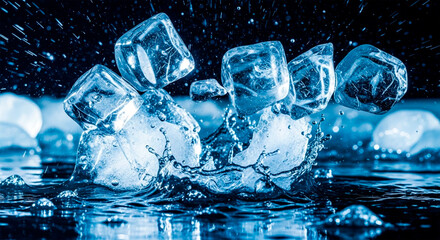 Ice Cubes Falling into Liquid