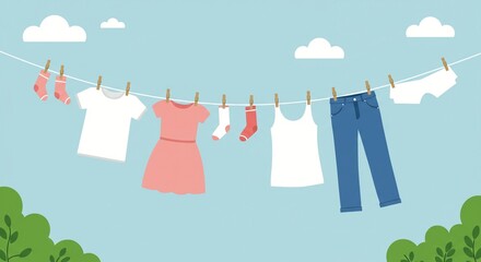 Clothes drying on a clothesline under a blue sky with clouds and green bushes below
