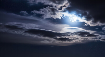 Naklejka premium Enchanting Night Sky A Bright Full Moon Illuminates Dramatic Clouds and Distant Stars, Offering Mystical Copy Space.