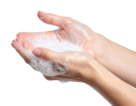 Close-up view of hands focusing on fingertip scrubbing, dense soap lather surrounding nails and knuckles, detailed bubbles and moisture reflections, cutout on transparent PNG.