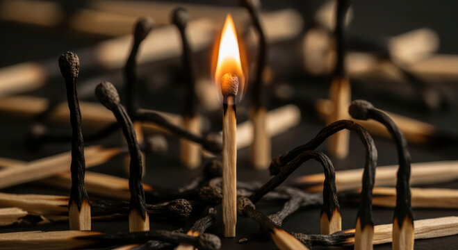 A solitary glowing match ignites hope and new life, prominently standing among a dark, chaotic cluster of burnt and unburnt matchsticks.