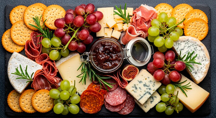 Gourmet Charcuterie Board with Cheeses, Grapes, Savory Crackers, and Salami