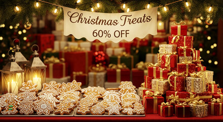 Festive display with gingerbread, gift boxes, string lights, and a sale banner saying "Christmas Treats 60% OFF" symbolizing holiday cheer and promotional offer
