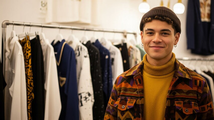 Stylish person in boutique wearing mustard turtleneck and geometric jacket – vibrant modern fashion portrait inside trendy clothing store JPG