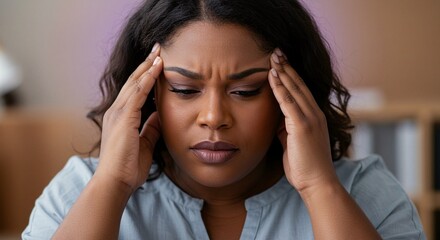 Woman with hands on temples, looking stressed and concerned, possibly experiencing a headache or deep thought