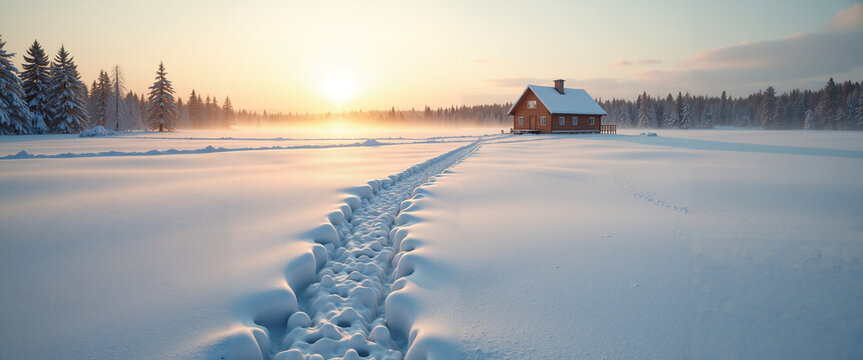 Single set of fresh footprints in the snow leading to cozy cabin