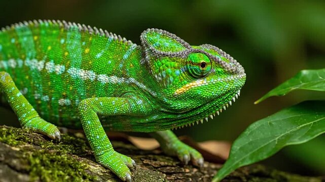 Reptilian Camouflage Focus on a chameleon or gecko perfectly blended into its natural habitat, showcasing its skin patterns and colors matching the environment. Macro shots highlight texture and?
