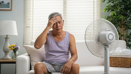 Elderly person on white couch using fan in sunlit living room – hot indoor climate with cozy home setting JPG