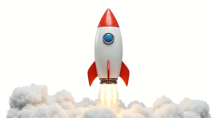 A classic white rocket with red fins and nose cone blasting off with fiery exhaust
