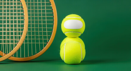 A captivating close-up of two vintage wooden tennis rackets beside stacked yellow balls on a vibrant green sports court background.