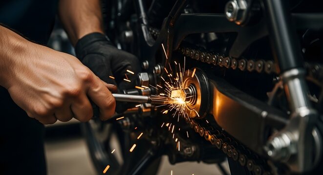 Mechanic working on motorcycle chain with sparks flying during repair in a garage setting light source