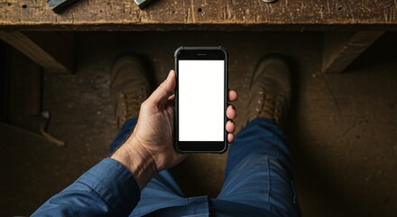 Man holding a smartphone with a blank white screen, viewed from above, sitting at a workbench