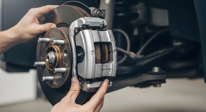 Mechanic inspecting car brake caliper and rotor during maintenance service in auto repair shop garage