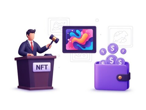 3d isometric illustration of auctioneer selling digital art as nonfungible token with cryptocurrency wallet and coin payment concept