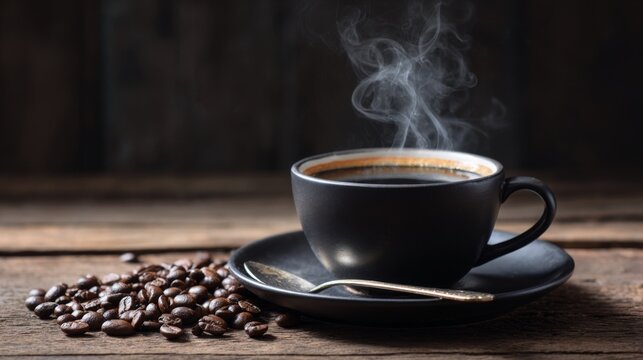 Steaming black coffee in matte cup on rustic wooden table