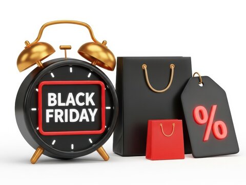 Black friday concept with alarm clock showing sale time, shopping bag, small gift bag, and percentage discount tag isolated on white background