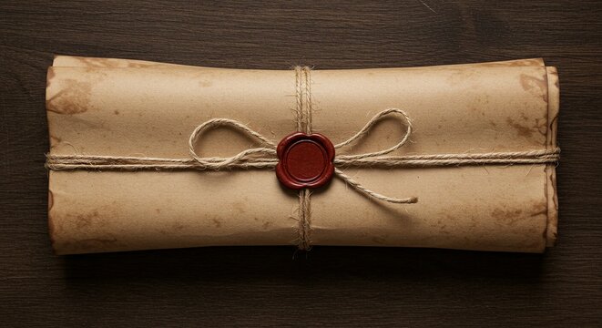 An old scroll tied with twine and sealed with red wax, presented on a dark wooden surface